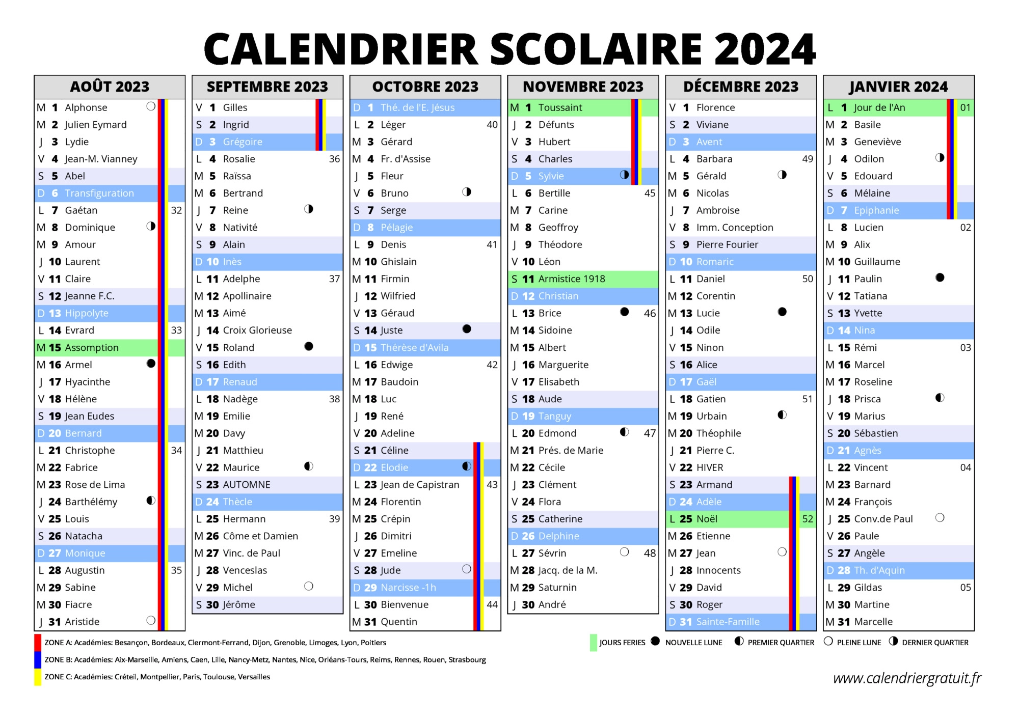 Calendrier scolaire aout 2023 à janvier 2024