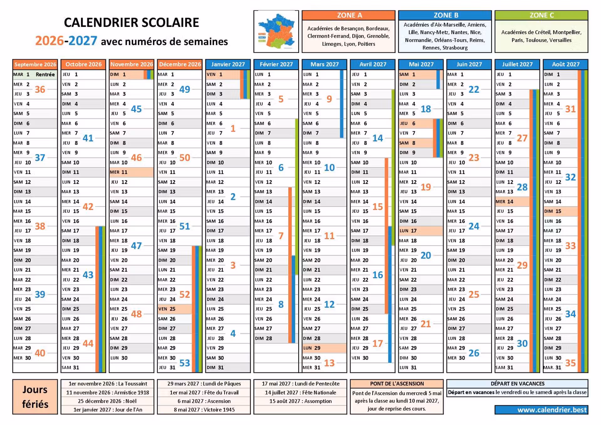 Calendrier scolaire 2026-2027